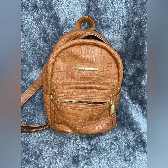 Steve Madden Brown Embossed Logo Mini Backpack Gold Hardware Steve MADDEN Mini Quilted Backpack Purse SM Logos Straps  main image 3